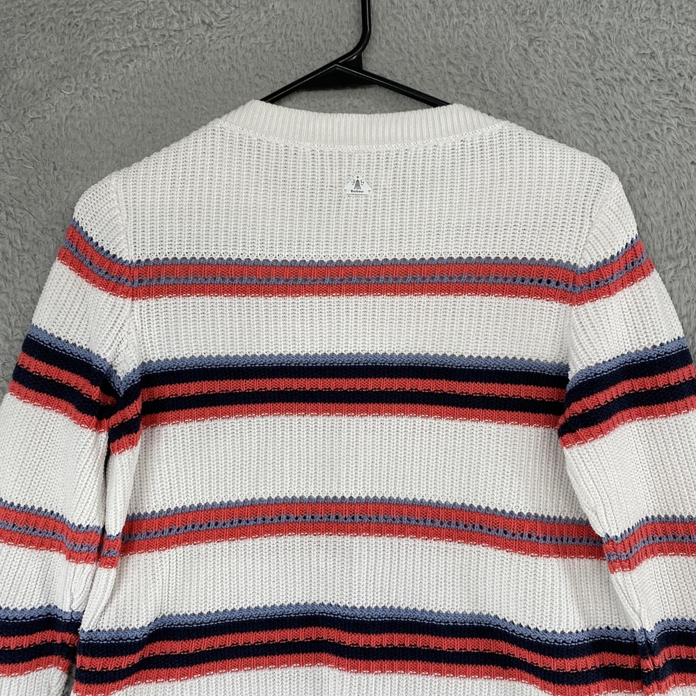 Barbour Promenade Knit Sweater Womens 6 White Striped 100% Cotton Crewneck - Picture 12 of 16